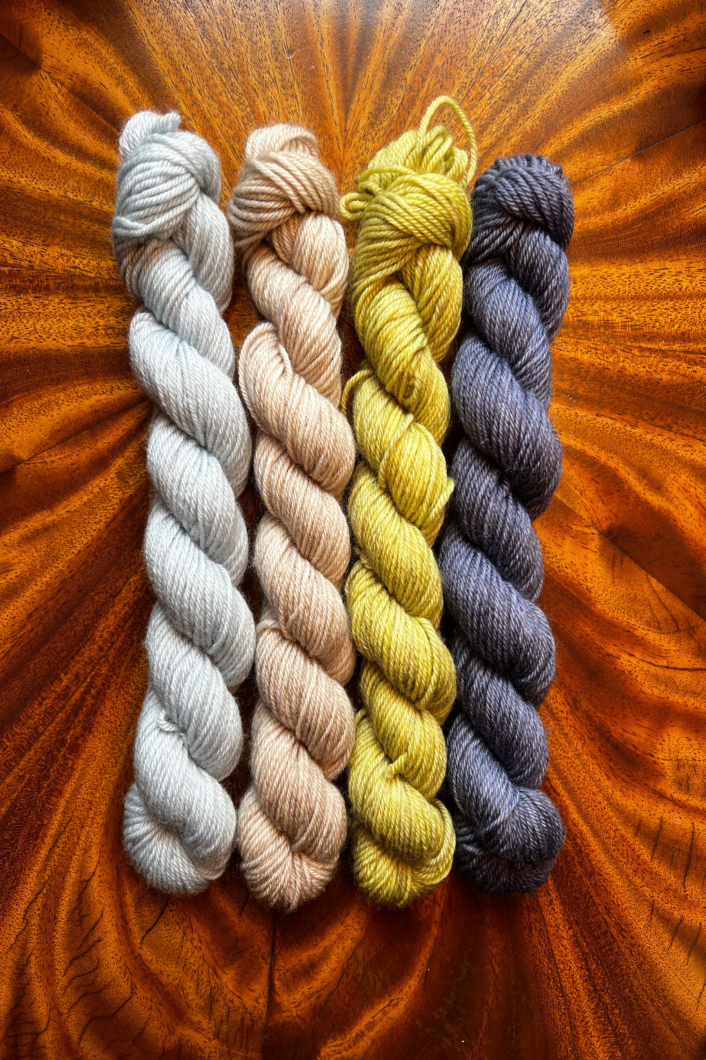 Mini skein set hand-dyed in Minneapolis in neutral earthy tones to coordinate with Lady with Fan Masterpiece collection