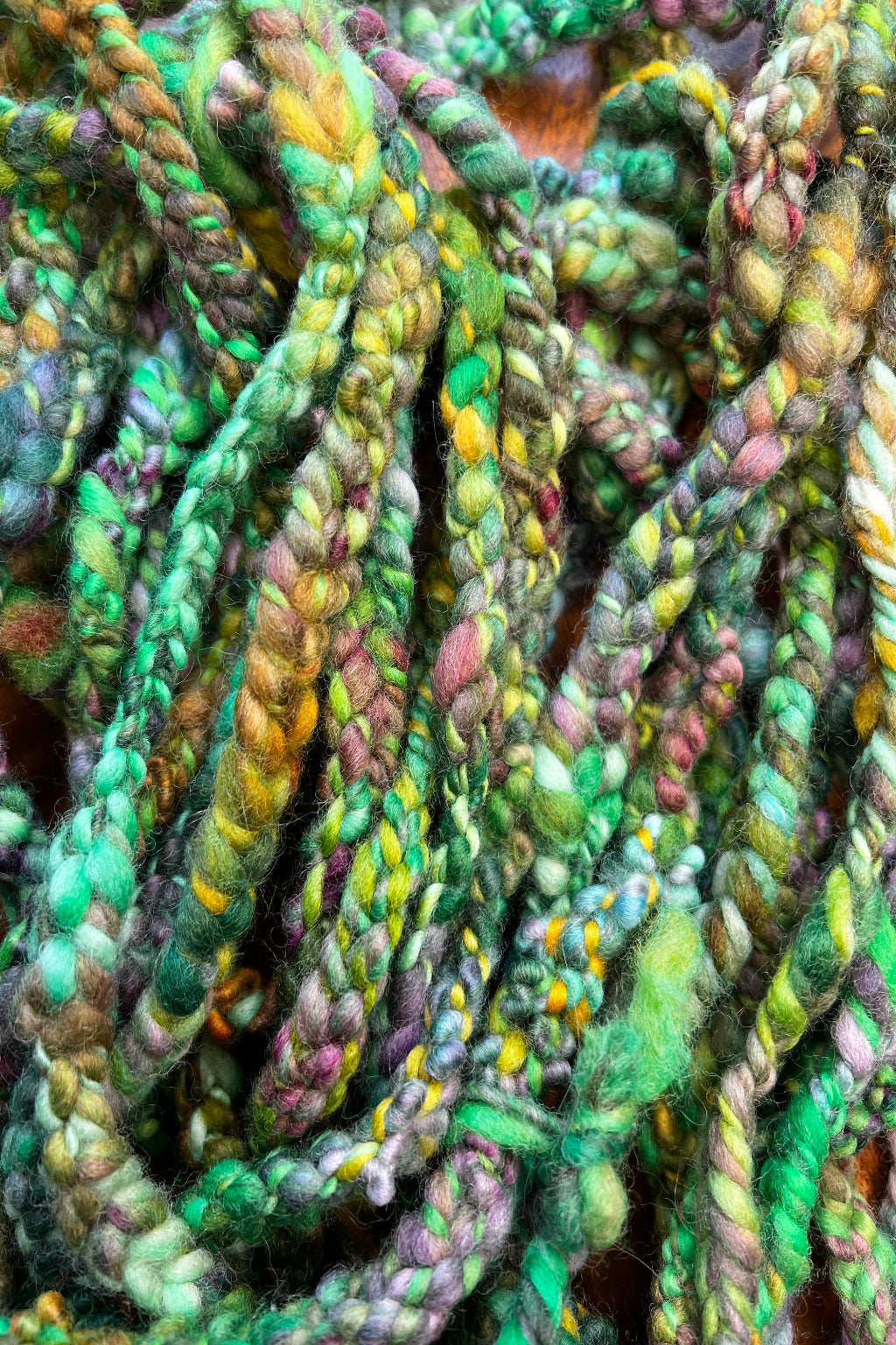 Gold, Green, Purple, Hand made, hand spun, hand dyed Trim.