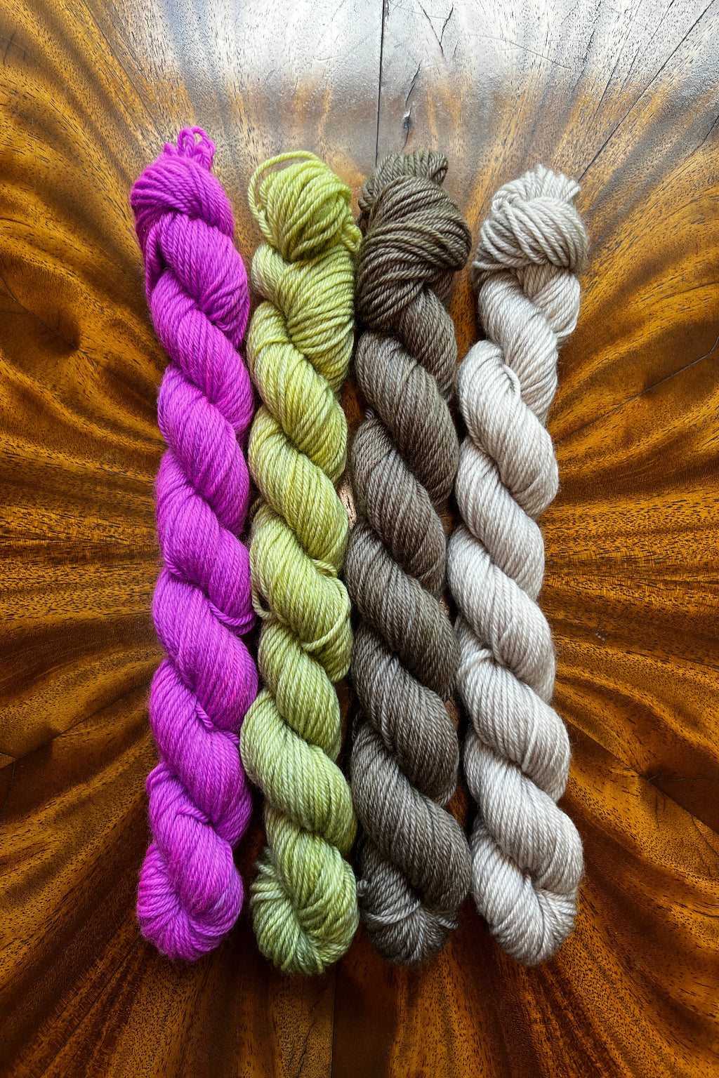 Mini skein set hand-dyed in Minneapolis in Purple Pop, Lichen, Olive Brown and Driftwood. Inspired by Summer Haze Masterpiece Collection.