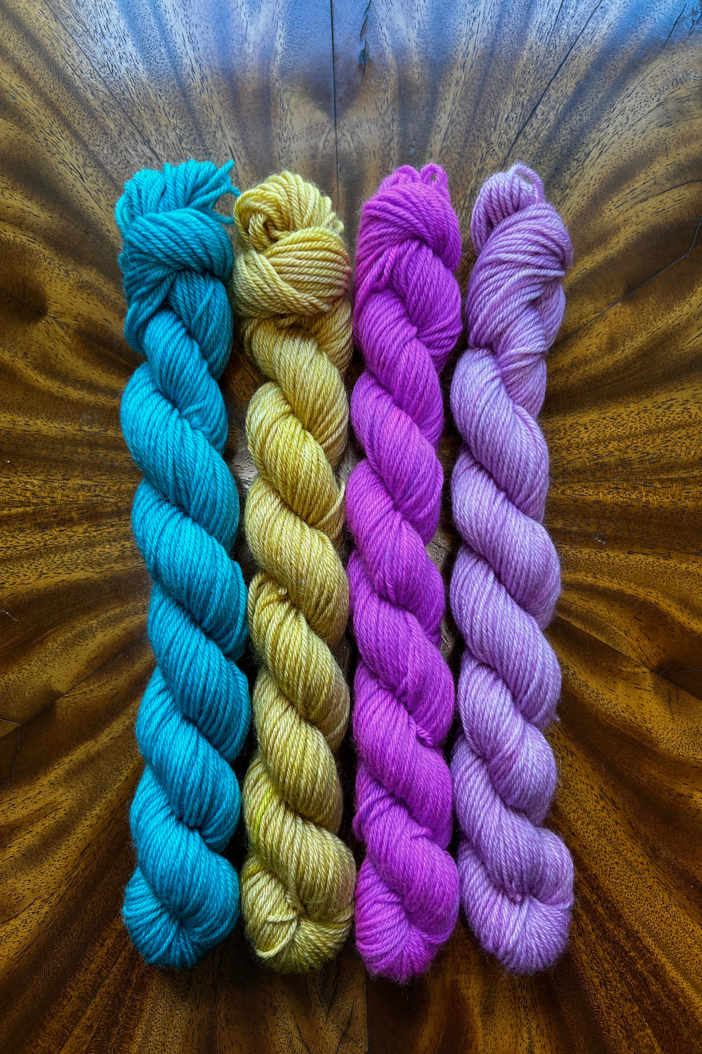 Four skeins of hand dyed yarn in blue, yellow, purple, and lavender dyed in Minneapolis to coordinate wtih Lily Pad colorway from the Masterpiece Collection