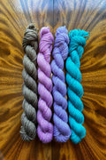 Hand dyed in Minneapolis mini skien set, inspired by Monet Reflection in olive brown, orchid, lavender and teal