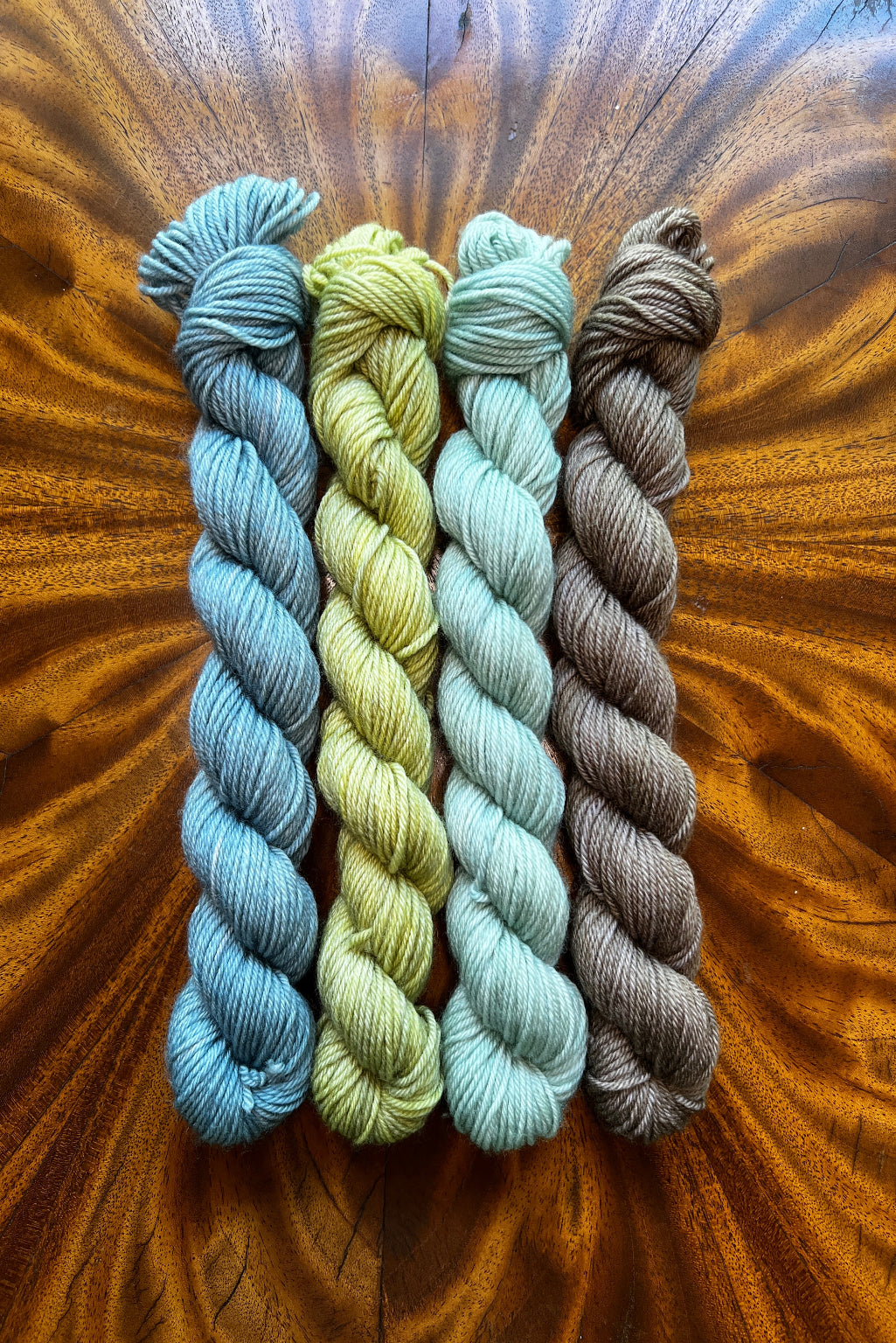 Set of four 20-gram hand dyed mini skeins in tonal hand-dyed yarn colorways designed to coordinate with The Painted Skein’s Monet Sunrise Masterpiece Collection.