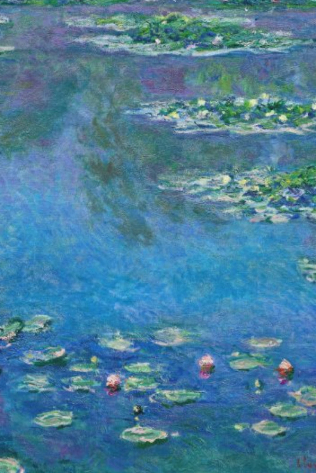 Painting of water lilies on a blue water surface by Claude Monet, inspo pic for hand dyed yarn colorway.