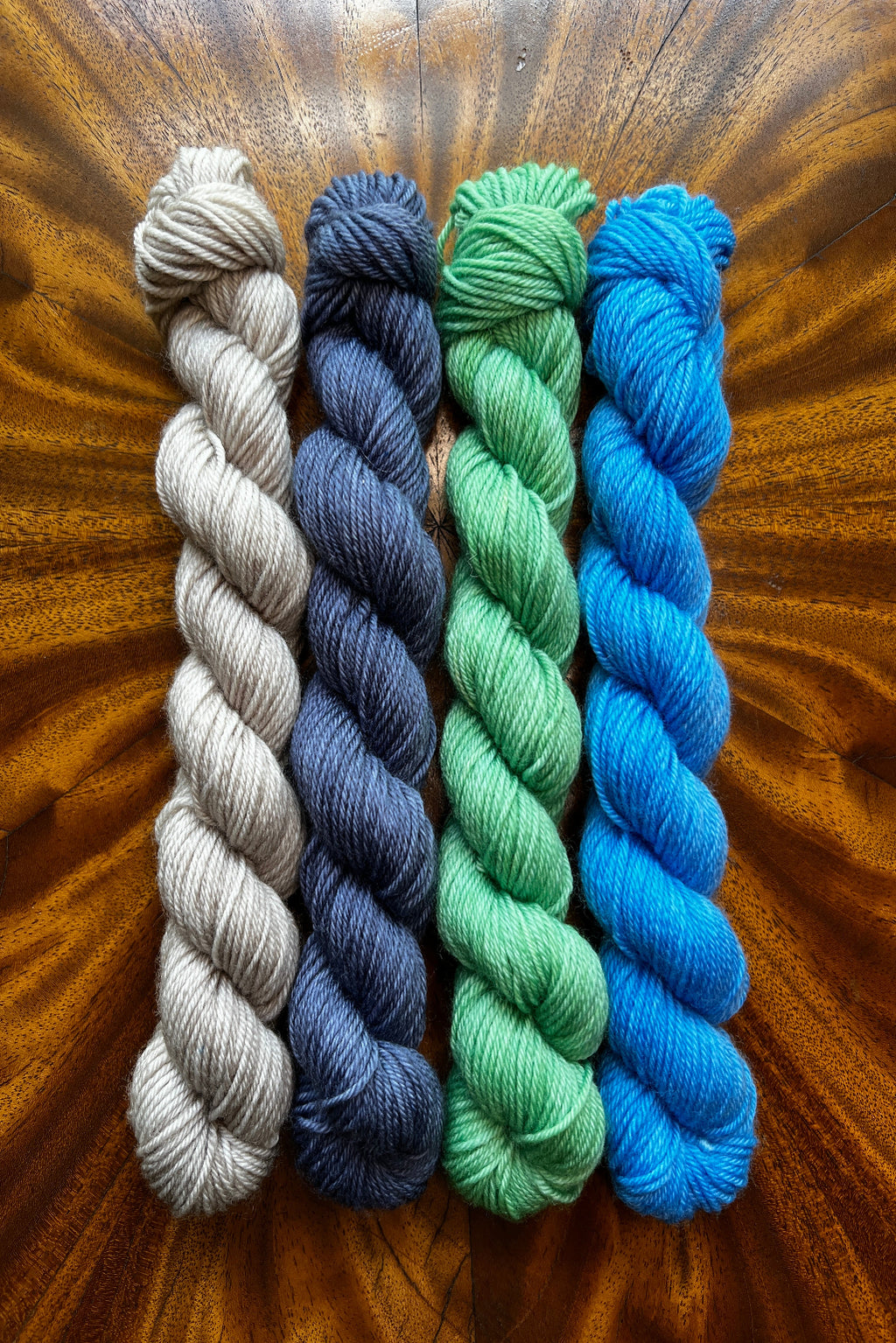 Painted Skein hand dyed yarn 20g x 4 mini skein set in driftwood, steel blue, dragon green and sapphire blue. Dyed to coordinate with the best selling Starry Night colorway. Hand dyed in Minneapolis.