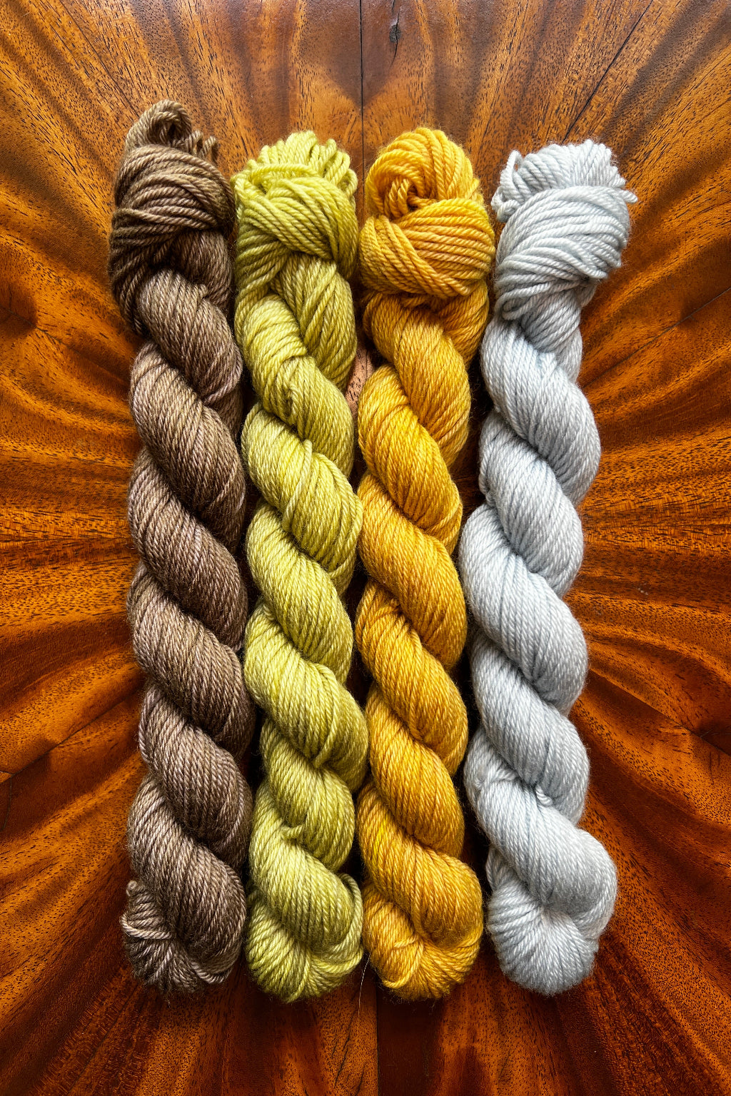 Painted Skein hand dyed yarn 20g x 4 mini skein set in olive brown, lichen green, tobacco yellow, and platinum. Dyed to coordinate with the best selling Starry Night colorway. Hand dyed in Minneapolis.