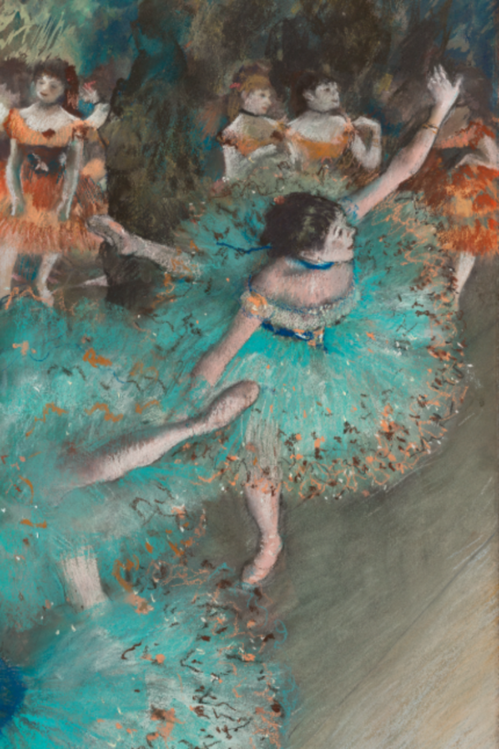 Artistic depiction of a dancer in a blue dress with other dancers in the background.