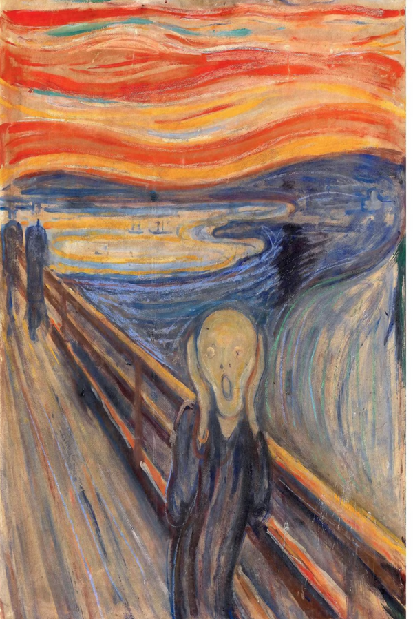 Famous artwork 'The Scream' by Edvard Munch with a person on a bridge and swirling colors.