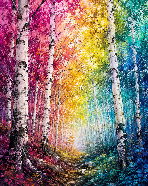 A vibrant, colorful forest scene with birch trees lining a path, featuring a rainbow gradient of pink, yellow, green, and blue foliage inspo image for Birch Rainbow Hand dyed yarn by Painted Skein.