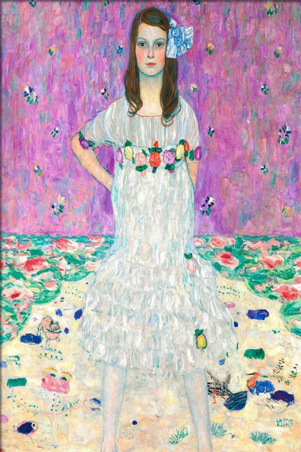 Klimt Primavesi Painting of a girl in a white dress with floral decorations against a colorful background