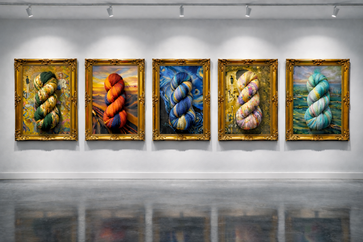 Framed yarn paintings on a wall in an art gallery setting