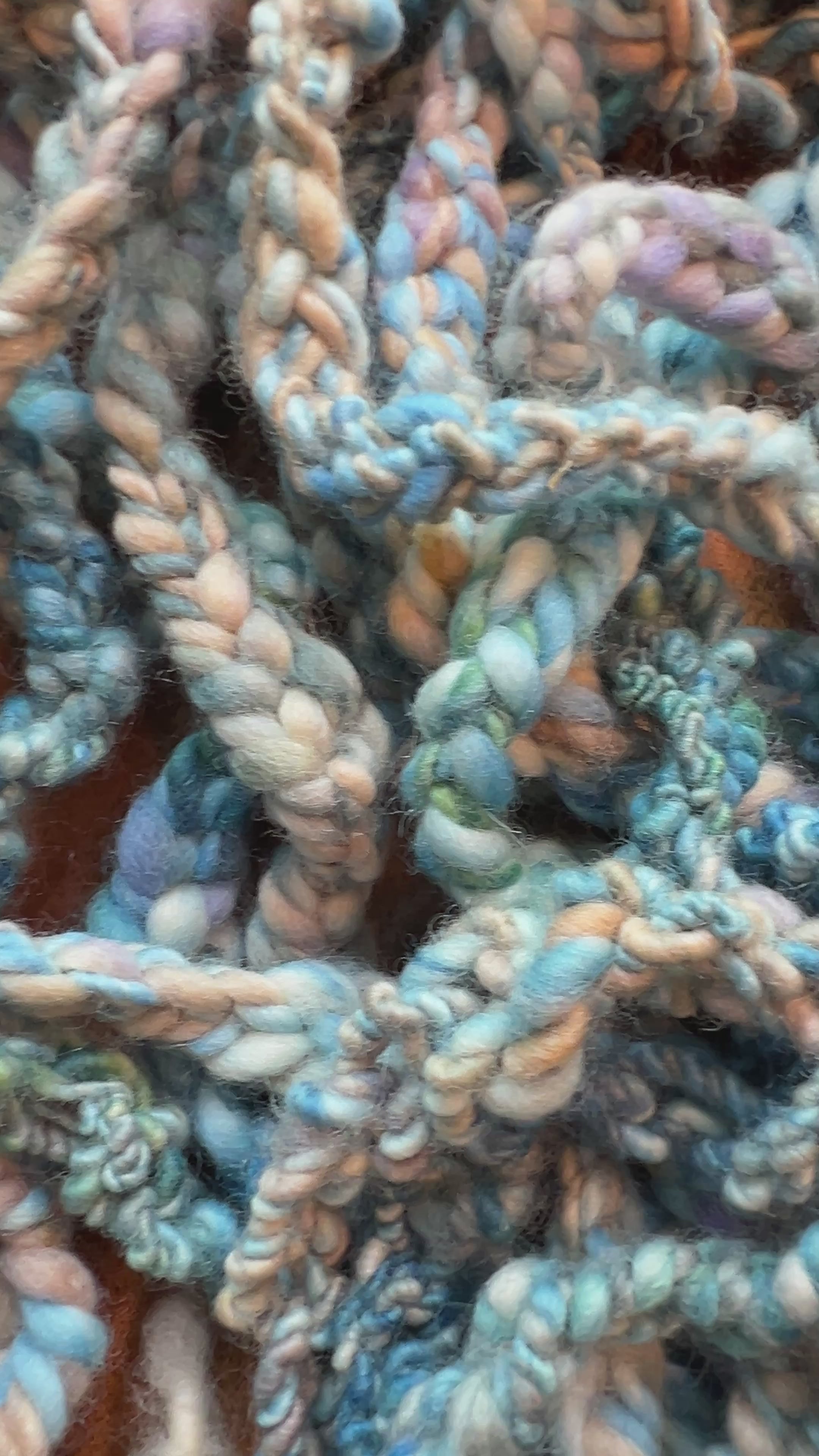 Hand dyed, hand spun, hand crafted crocheted trim in tones of blues, taupe, cream and lavender.