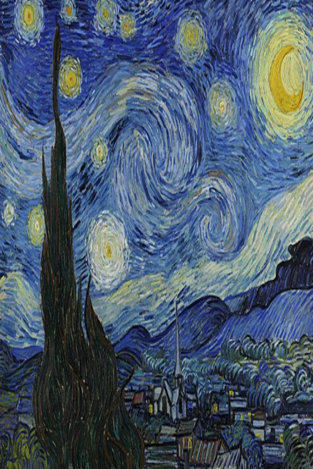 Starry Night with a dark, twisted tree in the foreground